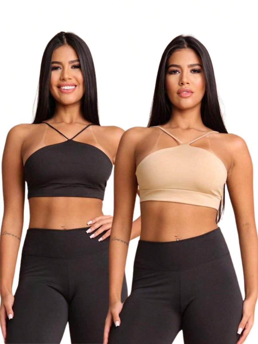 Kit 2 Top Gym Strap Fitness Cropped Zero Transparency Running Workout Clothing - Black and Beige - View 1