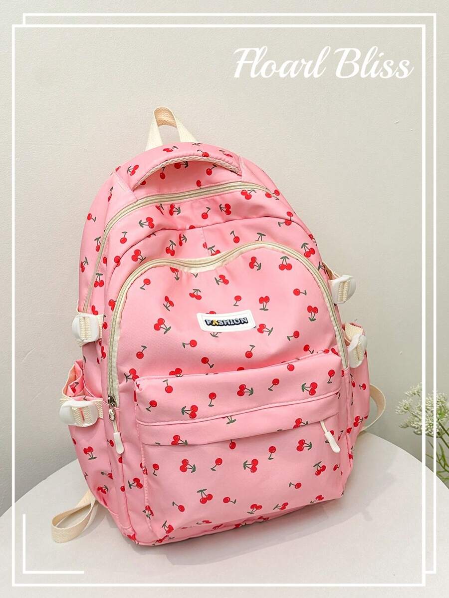 Korean Style Cherry Print Soft Girl Large Capacity Casual Student Backpack Valentines - Pink - View 1