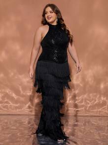 Black Sequin Tassel Halter Plus Size Evening Gown - Black - View 4