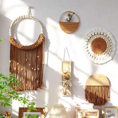 1pc Macrame Wall Hanging, Bohemian Style Wall Decor Tapestry, Handwoven Rope Fiber Art Small Plant Wall Hanging, Suitable For Living Room, Bedroom, Cafe, Wall Tapestry