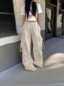 Street High Waist Flap Pocket Drawstring Waist Elastic Hem Ruched Casual Wear Wide Leg Parachute Cargo Pants - Apricot - View 6