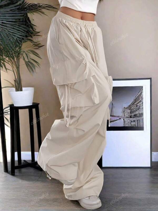 Street High Waist Flap Pocket Drawstring Waist Elastic Hem Ruched Casual Wear Wide Leg Parachute Cargo Pans
