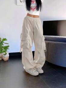 Street High Waist Flap Pocket Drawstring Waist Elastic Hem Ruched Casual Wear Wide Leg Parachute Cargo Pants - Apricot - View 4