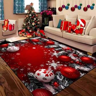 1 Pc Christmas Themed Rug With Snowflake, Christmas Ball And Pine Needle Pattern - Stain-Resistant, Anti-Slip, Machine Washable Knitted Polyester Carpet, Suitable For Office, Bedroom, Indoor Use, Non-Slip Backing, For Home Decor