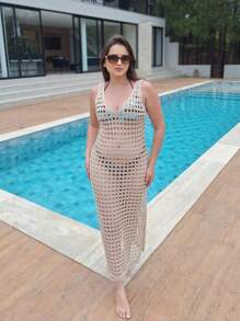 Saída de praia vestido longa com fenda lateral tricot crochê moda piscina banho luxo - Areia - Visão 3