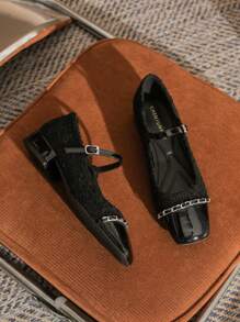 女士链条刺绣高跟鞋，浅头设计，粗跟或中跟，女士多功能鞋 - 黑色 - 查看 8