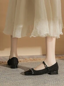 女士链条刺绣高跟鞋，浅头设计，粗跟或中跟，女士多功能鞋 - 黑色 - 查看 4