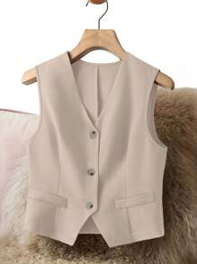 女士优雅无袖 V 领西装外套，时尚前扣背心外套，适合所有季节