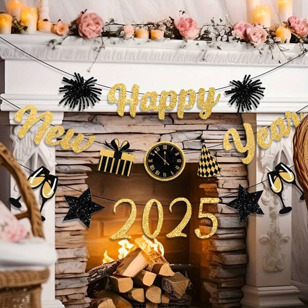 Decorazioni per feste di Capodanno 2025, striscione con scritta "Felice Anno Nuovo 2025", banner per festeggiamenti di Capodanno 2025, articoli per feste di fine anno
