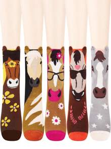 5 Pairs Horse Gift Women Standing Ear Horse Mid-Tube Socks Comfortable Outdoor Women's Socks Animal Party Riding Gift Horse Lover Socks Fun Animal Socks For Mom Girlfriend Lady Teen Novelty Socks Gift Colorful Horse Pattern Novelty Standing Ear Crew Socks