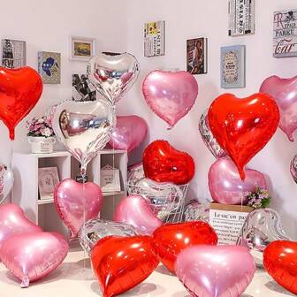 21PCS 18" Red Pink Silver Heart Balloons Heart Foil Balloons Heart Shaped Balloons Metallic Aluminum Balloons Romantic Party Decor Balloons For Valentine's Day Birthday Wedding Bridal Decor