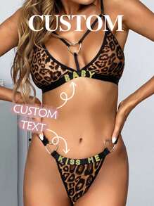 Custom European Style Sexy Lingerie, Cross-Border Leopard Print Bikini Set, Breathable & Comfortable Outfit, Exotic Lace Panties, Sensual Leopard Camisole, Heart-Shaped Garter 2 Pieces Set,Adorable,Contracted,Funny,Cute,Custom,Personalized,Unique,Customized,Underwear,Thongs,Ideal Gifts For Him,Ideal Gifts For Her,Friends,Girlfriend
