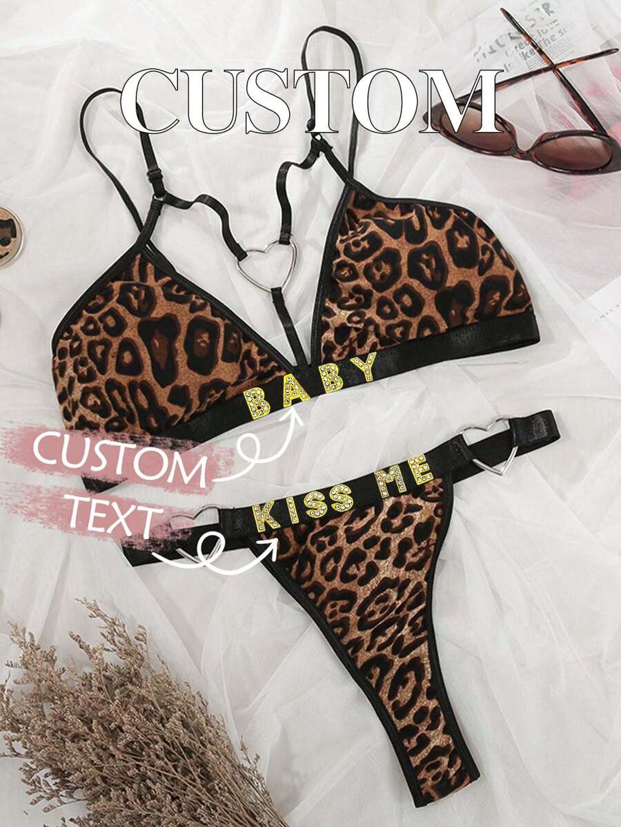 Custom European Style Sexy Lingerie, Cross-Border Leopard Print Bikini Set, Breathable & Comfortable Outfit, Exotic Lace Panties, Sensual Leopard Camisole, Heart-Shaped Garter 2 Pieces Set,Adorable,Contracted,Funny,Cute,Custom,Personalized,Unique,Customized,Underwear,Thongs,Ideal Gifts For Him,Ideal Gifts For Her,Friends,Girlfriend