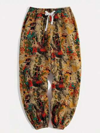 Men's Print Casual Pants With Pockets, Drawstring Waist, Suitable For Outdoor Activities, Gifts