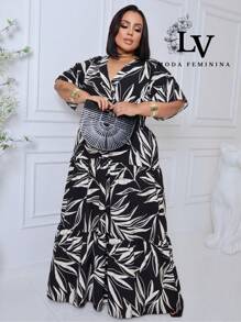 Plus Size Long Dress V Neck Short Sleeve - Black Estam. - View 3