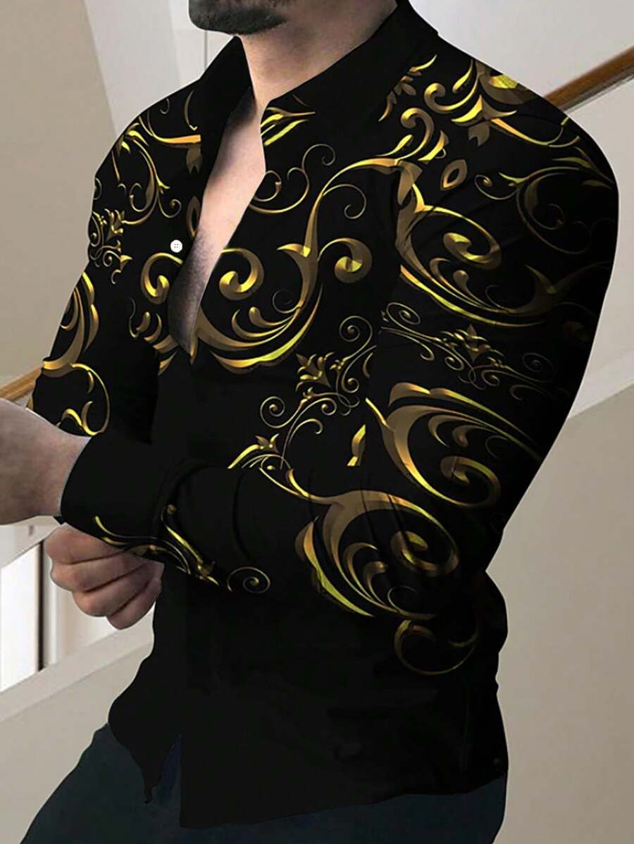 大码男式复古宫殿 3D 数码印花纽扣长袖衬衫