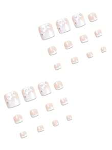 24片装优雅粉色法式浮雕美甲套装 - 水钻樱花全覆盖假指甲 - 亮面短方形假指甲，白色边缘设计，适合女性和女孩美甲护理用品 - 白色 - 查看 4