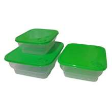 Set Of 3 Transparent Plastic Jars With Rectangular Lid PMG Food Organizer 1L; 1.6L And 2.4L - 綠色 - 查看 1