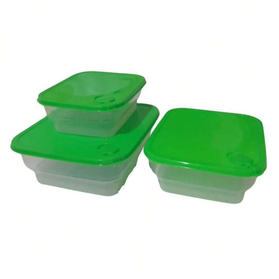 Set Of 3 Transparent Plastic Jars With Rectangular Lid PMG Food Organizer 1L; 1.6L And 2.4L - 綠色 - 查看 1