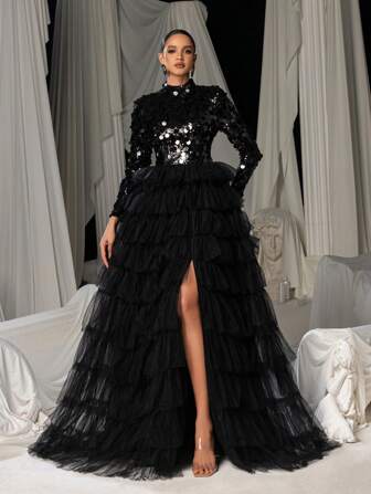 Mock Neck Sequin Bodice Contrast Layered Mesh Hem Wedding Dress, Party Dress, Wedding Guest Dress, Formal Dress, Evening Dress,Gown