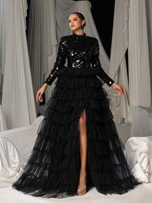 高领亮片紧身胸衣，搭配撞色层叠网纱下摆，适合作为婚纱、派对礼服、婚礼宾客礼服、正式礼服、晚礼服、长款连衣裙穿着，春季优雅黑色 - 黑色 - 查看 5