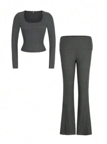 GAOVOT Dam Tvådelad Vår Sommar Y2K Slim Sexig Enfärgad Fyrkantig Krage Långärmad Topp Och Lätt Utsvängda Byxor Byxkostym Gym - Mörkgrå - Visa 8