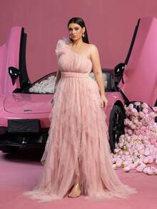Faeriesty Luxe Plus Ruffle Trim One Shoulder Mesh Overlay Formal Prom Dress