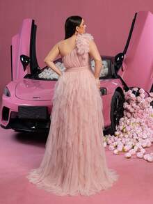 Faeriesty Luxe Plus Ruffle Trim One Shoulder Mesh Overlay Formal Prom Dress