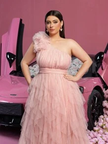 Faeriesty Luxe Plus Ruffle Trim One Shoulder Mesh Overlay Formal Prom Dress