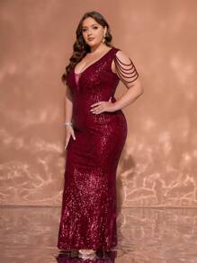 Deep Red V-Neck Sleeveless Sparkly Cinched Waist Floor Length Plus Size Evening Gown - Burgundy - View 6