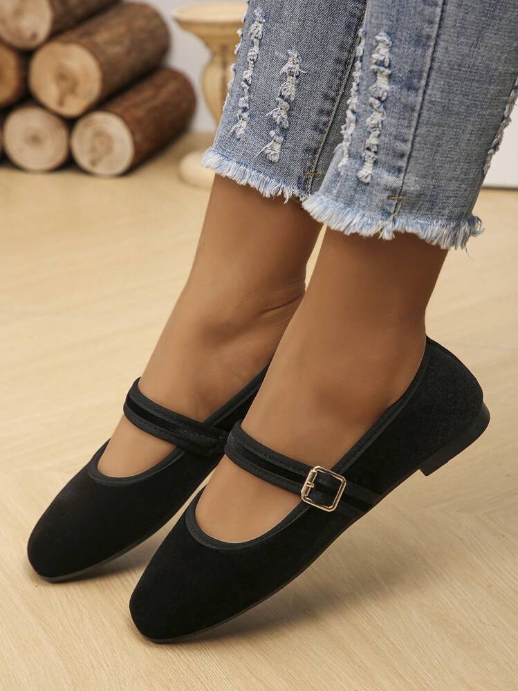 أحذية كاجوال مسطحة مربعة الأصبع مقاس 35-43 من الجلد المدبوغ، موضة جديدة باللون الأسود/البني الداكن/الأحمر البنفسجي، مناسبة للفساتين مع زخرفة إبزيم، نمط عشوائي، للربيع/الخريف، ماري جين، أحذية بالية - الأسود - مشاهدة 4