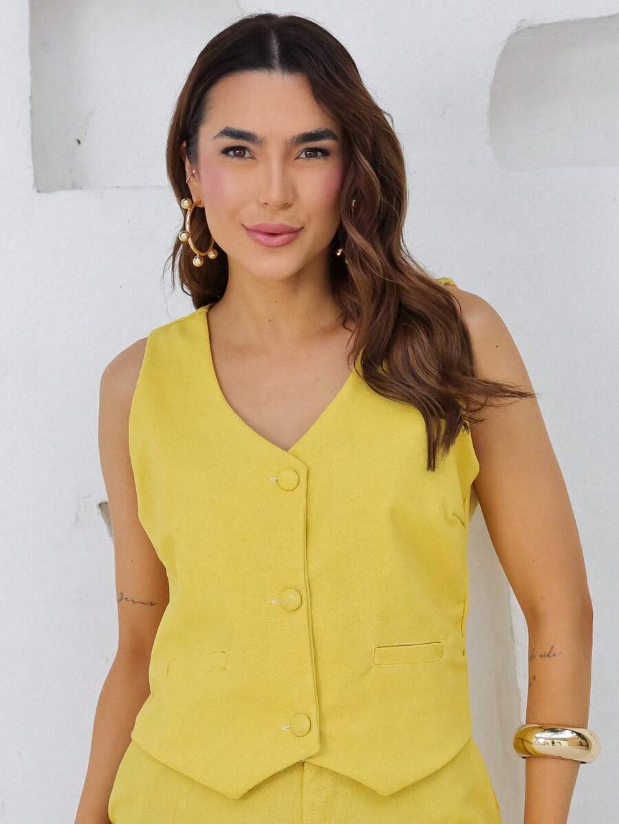 Women's Tailored Vest Formal Elegant Fashion - Màu Mù tạt vàng - Xem 1