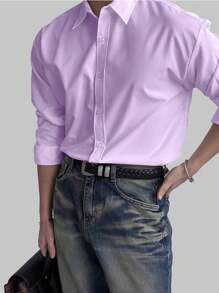 Men's Long Sleeve Plain Button Down Dress Shirt - 淡紫色 - 查看 2