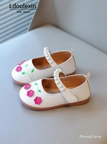 New Girls Cute Floral & Pearl Design Soft Non-Slip Flat Shoes, Simple Casual Princess Shoes, Sweet Match For Daily Wear, Spring/Summer/Autumn - Beige - View 2