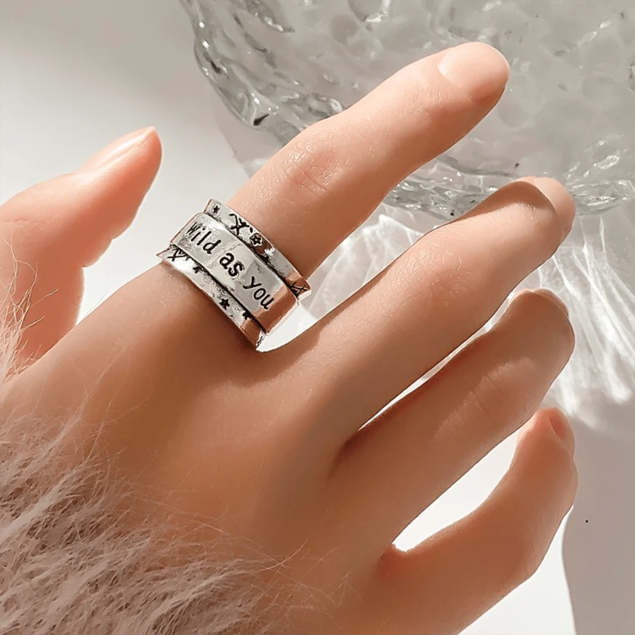 1 件复古别致银色开口戒指设计女士珠宝，适合日常佩戴、聚会、旅行、礼物 - 復古字母戒指 - 查看 1