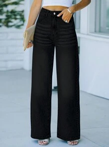 Women's Mid-Waist Straight Jeans-Slim Inelastic Fabric, Classic Casual And Versatile Denim Trousers. - 黑色 - 查看 4