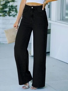 Women's Mid-Waist Straight Jeans-Slim Inelastic Fabric, Classic Casual And Versatile Denim Trousers. - 黑色 - 查看 1