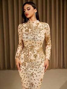 LOVE&LEMONADE 金色长袖立领亮片超长晚礼服裙 (无定位花卉图案，随机搭配) - 金色 - 查看 6