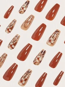 24pcs Coffin Shaped Nail Stickers Set, Instantly Upgrade Your Nail Art! Elegant And Fashionable Brown Floral, Brownish-Red Fake Nails, Beautiful Brownish-Red, Plum Brown Fake Nails, Full Coverage Nail Stickers Suitable For Women And Girls. The Set Includes 1 Sheet Of Adhesive Stickers And 1 Mini Nail File, Random Color Jelly Gel, Nail Care Accessories. Nail Supplies - Brown - View 4