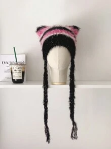Gorro de punto suave y fresco con bloqueo de color con lazos a rayas en forma de orejas de gato, gorro de punto esponjoso con orejas de gato, gorro de punto cálido con orejas de gato para mujer, gorro de algodón suave y esponjoso con orejas de gato para el invierno - Multicolor - Ver 6