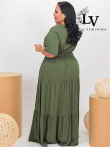 Plus Size Long Dress V Neck Short Sleeve - Army Green - View 2