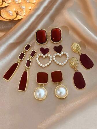Set di 5 orecchini con perle a goccia dalle forme quadrate e a cuore, orecchini geometrici eleganti, set di orecchini di moda di alta gamma, ideali come regalo per San Valentino, mamma, festa della mamma