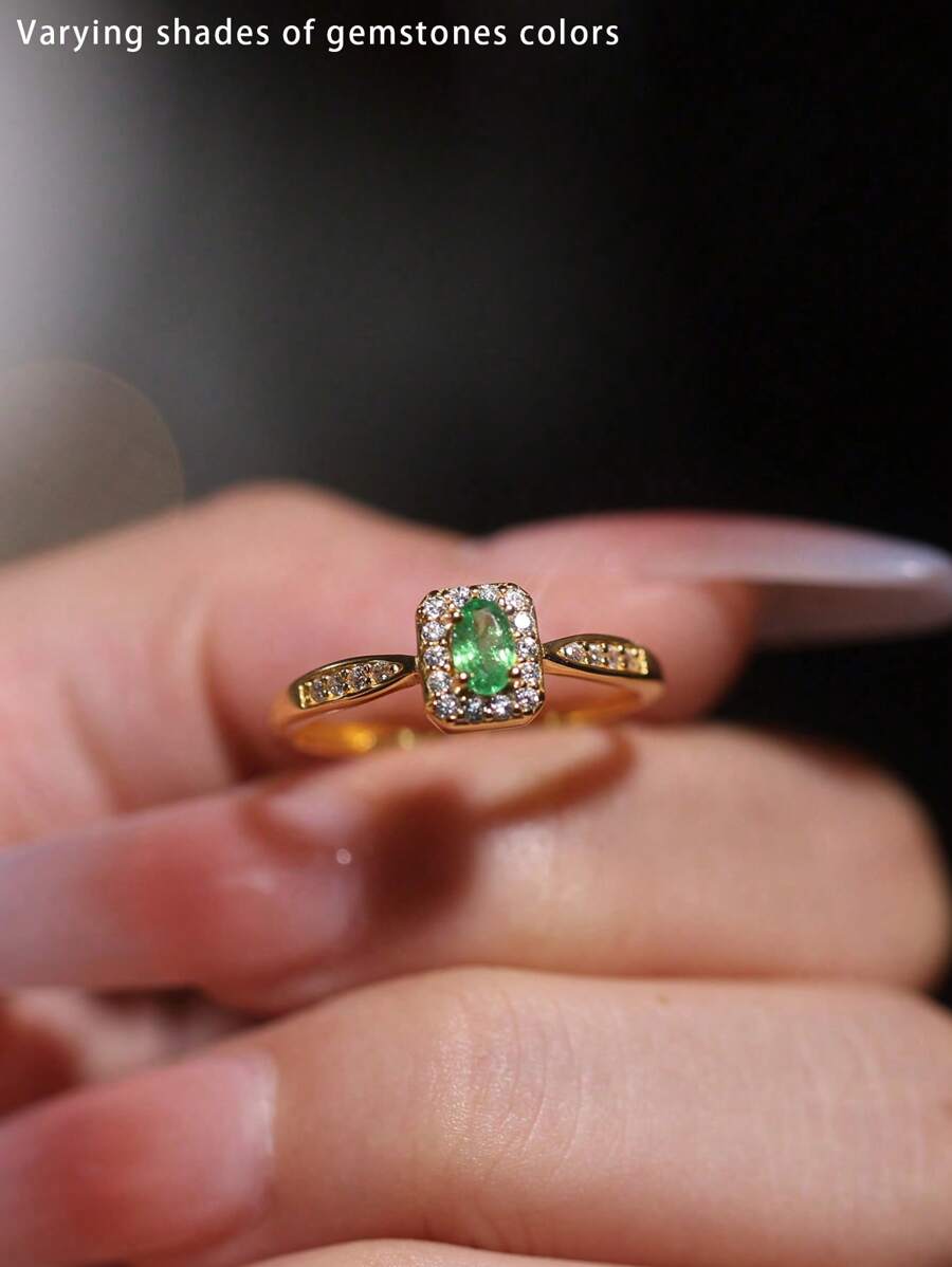 1 chiếc nhẫn bạc Sterling 925 mạ vàng 18K, khảm Cubic Zirconia và ngọc lục bảo giả, nhẫn vuông màu xanh lá cây phong cách hoàng gia cổ điển sang trọng, thích hợp cho phụ nữ đeo ngoài trời, đi nghỉ hoặc mua sắm - màu xanh lá - Xem 1