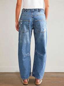 Women's Casual Ripped Denim Jeans, Minimalist Style - Blue - View 3