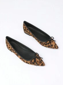 Women's Brown Pointed Toe Ballet Flats With Bow Decor, Elegant Slip-On Soft Bottom Loafers With Animal Print Fabric
