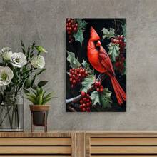 Red Cardinal And Holly Berries Christmas Poster Art Print, Holiday Decorations And Cheer, Joyful Christmas Wall Art, Winter Holidays Whimsical Gift Print Decor