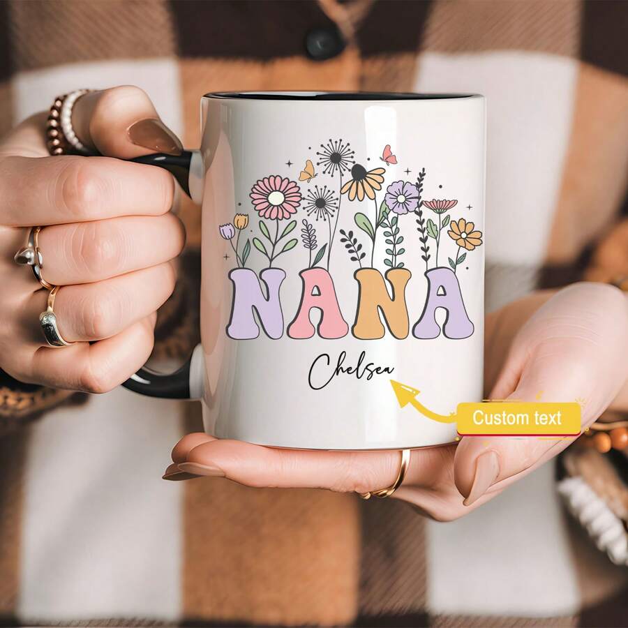 Nana Mug With Grandkids Names, Personalized Nana Wildflowers Mug,Grandkids Names Mug,Custom Grandma Coffee Mug,Mother's Day Gift,Nana Gift - Black - View 1