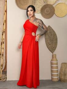 Women's Long Dress Side Slit Duna Mula Manca Lined Elegant Party Wedding - Đỏ - Xem 3