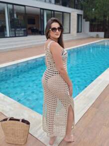 Saída de praia vestido longa com fenda lateral tricot crochê moda piscina banho luxo - Areia - Visão 4
