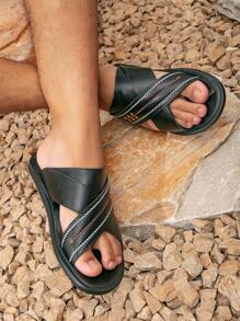 Men's Arabic Style Slippers, Middle East Comfortable Sandals, Beach Shoes - Black - View 4